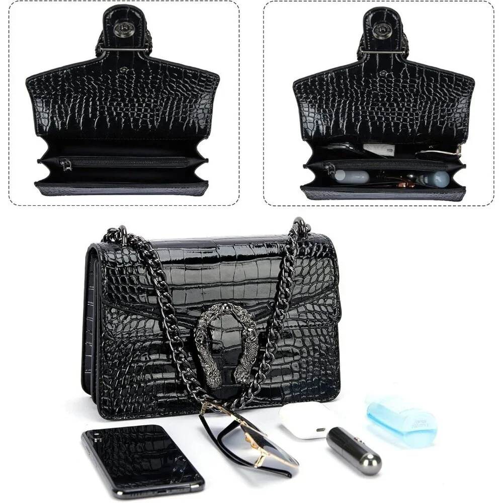 ⚡ Women's Black Snake Vegan Leather Print Casual Satchel Crossbody Handbag
